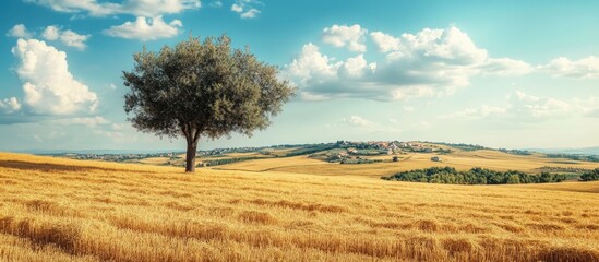 Aufkleber - Single almond tree in a wheat and dry straw field during summer on a hill with villages in the distance Summer hues copyspace nature and agriculture