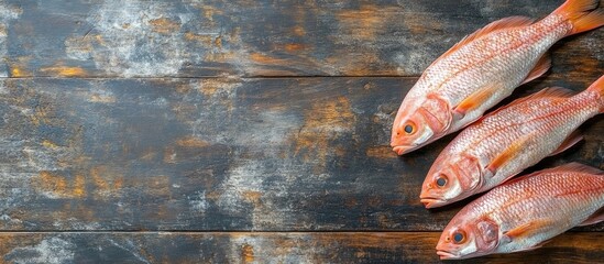 Poster - Red perch frozen fish meat pack arranged on an aged dark wooden table background top view flat lay with copy space for text