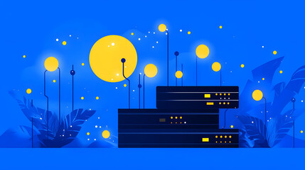 Aufkleber - A vibrant illustration featuring server racks surrounded by glowing orbs and foliage against a blue background, blending technology with a whimsical atmosphere