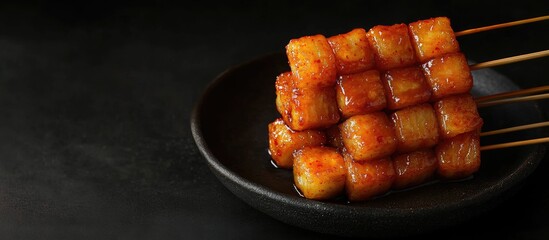 Aufkleber - Deep fried Korean rice cakes Tteokbokki on a skewer with spicy sauce in the Korean food style. with copy space image. Place for adding text or design