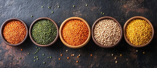 Poster - Composition of dry legumes A variety of colorful legumes in bowls Lentils Moth beans Mung Beans Masoor or red lentils Split Chickpeas Toor Dal Raw Split Mung Bean Lentils Yellow Split