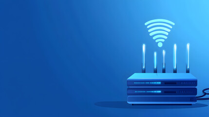 Poster - A modern wireless router with glowing antennas against a blue background, symbolizing connectivity and internet access