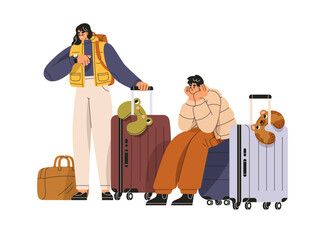 Wall Mural - tourists couple waiting for flight departure with suitcases, travel bags, wheeled luggage at airport