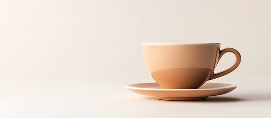 Fototapete - Close up of a light brown coffee cup on a saucer isolated against a white background Side view. with copy space image. Place for adding text or design