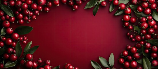 Fototapete - Ripe forest lingonberries are arranged in a circular pattern on a burgundy backdrop. with copy space image. Place for adding text or design