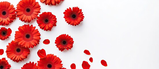 Leinwandbilder - Beautiful bright red gerbera flowers against a white background top view. with copy space image. Place for adding text or design