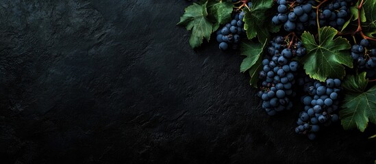 Poster - Grapevine plant set against a black background Branch of grapes with leaves Shot from above top view flat lay Available copy text space Dark moody composition
