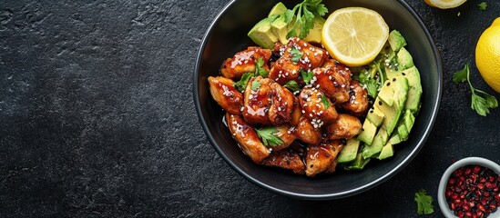 Fototapete - Teriyaki chicken accompanied by avocado and lemon. with copy space image. Place for adding text or design
