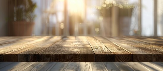 Aufkleber - Vacant wooden table in a room with a blurred interior Area for design. with copy space image. Place for adding text or design