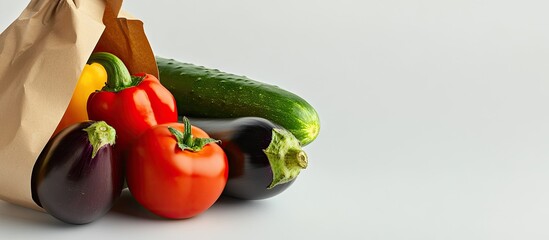 Aufkleber - Healthy vegetables including eggplant tomato pepper and cucumber in a paper bag against a white background. with copy space image. Place for adding text or design