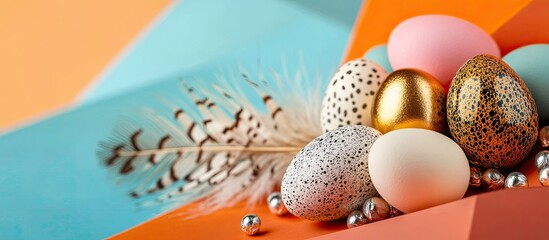 Aufkleber - Quail eggs in various colors alongside white gold and silver candies are placed on a large feather set against a vibrant geometric background This concept embodies a creative minimal trend in food a