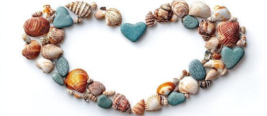 Poster - Heart shaped frame made of stones and seashells isolated on white. with copy space image. Place for adding text or design