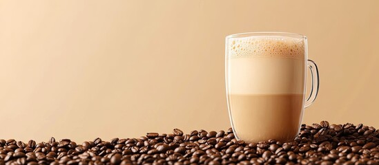 Aufkleber - A cup of fragrant coffee with milk set against a backdrop of coffee beans. with copy space image. Place for adding text or design