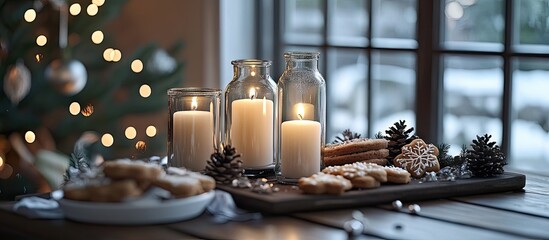 Aufkleber - Four candles in bottles are lit for Advent with Christmas cookies and decorations on a table by the window copy space selected focus narrow depth of field