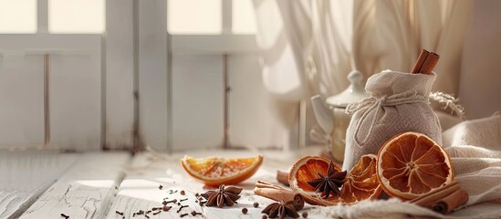 Poster - A bag of tea anise cinnamon sticks and dried tangerine slices Resting on a linen cloth Set against a backdrop of white painted boards. with copy space image. Place for adding text or design