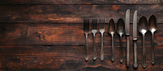 Leinwandbilder - Rustic cutlery used for eating or serving food spoons forks shiny and attractive Background Copy space Top view