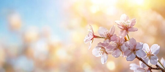 Aufkleber - Double cherry blossoms are in full bloom A branch with flowers stands against a blue sky with sunlight streaming through the blossoms. with copy space image. Place for adding text or design