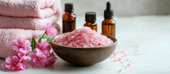 Poster - Spa or wellness Pink sea salt in a bowl bottles of essential oil towels and flowers on a white wooden surface Selective focus. with copy space image. Place for adding text or design