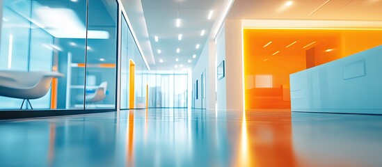 Fototapete - Abstract blur of a modern office interior at the entrance featuring a blue background with an orange light effect concept. with copy space image. Place for adding text or design