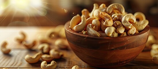 Poster - Numerous cashews in the vintage wooden bowl Dried nuts theme. with copy space image. Place for adding text or design