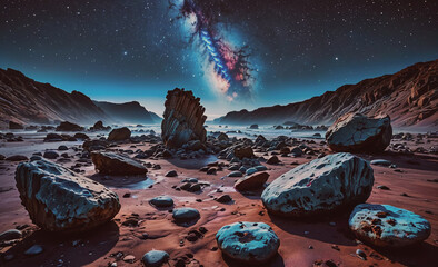 Poster - rocky beach with a large rock in the foreground. the rock is blue and has a white spot on it