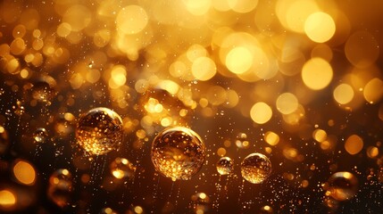 Poster - glowing, golden bubbles with shimmering glitter particles, resembling soap or oil bubbles, form a ci