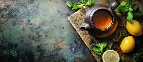 Leinwandbilder - Herbal tea infused with mint and lemon A teapot resting on a stone table Top view flat lay featuring copyspace