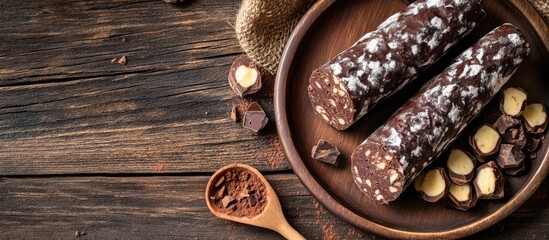 Leinwandbilder - Top view of chocolate salami on a plate and a wooden scoop filled with cocoa on a wooden table. with copy space image. Place for adding text or design