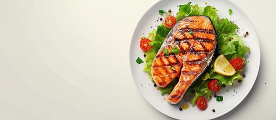 Poster - Grilled salmon steak accompanied by salad. with copy space image. Place for adding text or design