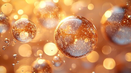 Poster - luxury gold bubbles background with golden, shining, glowing glitter particles, soap or oil bubble, 