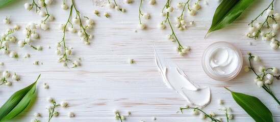 Poster - cosmetic cream and lily of the valley blossoms on a white wooden table. with copy space image. Place for adding text or design