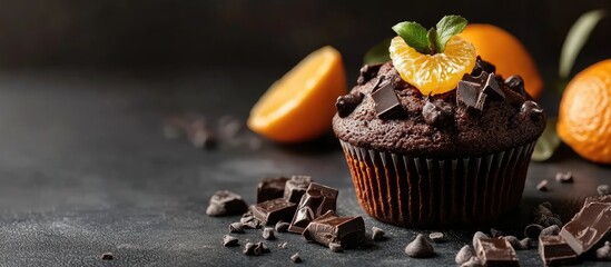 Leinwandbilder - Appetizing and beautiful orange muffin in a dark setting lovely still life featuring chocolate cake on the table Sweet treat in the pastry shop. with copy space image. Place for adding text or design