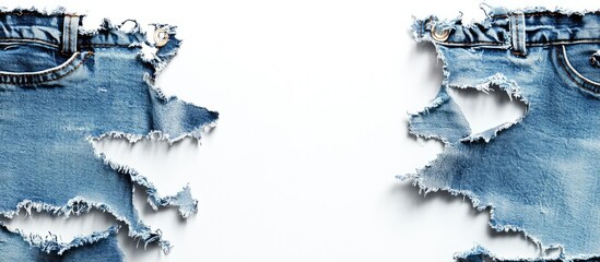 Poster - Denim jeans with rips tears and a blue edge frame isolated on a white background providing space for text. with copy space image. Place for adding text or design