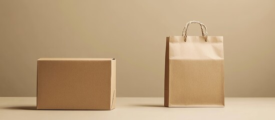 Poster - Brown clear empty blank craft paper bag and Kraft corrugated cardboard box with handle for takeaway Packaging template mockup Delivery service idea Copyspace