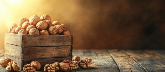 Aufkleber - food background fresh walnuts in a wooden container. with copy space image. Place for adding text or design