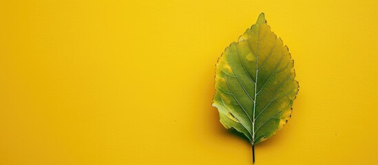 Wall Mural - Leaf against a yellow background Summer theme. with copy space image. Place for adding text or design