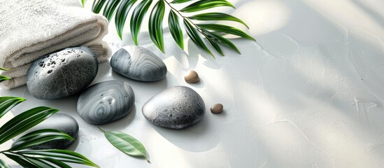 Poster - Spa set featuring stones a towel and leaves on a white background. with copy space image. Place for adding text or design