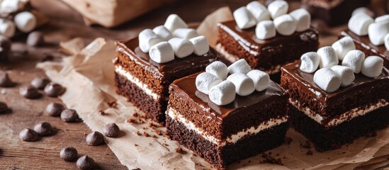 Fototapete - Chocolate cake slices made from cookies and cocoa topped with marshmallows displayed on bakery paper High key still life food style in a Hugge Scandinavian Nordic aesthetic. with copy space image