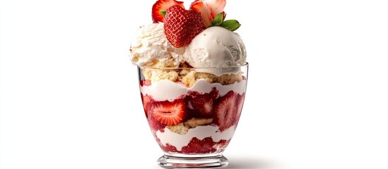 Poster - Strawberry Shortcake Parfait featuring vanilla bean ice cream fresh sliced strawberries and layered pound cake with selective focus isolated on white. with copy space image