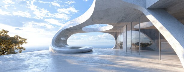 Poster - Minimalist concrete architecture with an open floor, courtyard, and curved walls, incorporating a white showcase area within a museum plaza, used for a display showroom mockup background