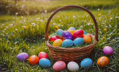 Aufkleber - Basket full of Easter eggs is sitting on the grass. There are many different colors of eggs in the basket