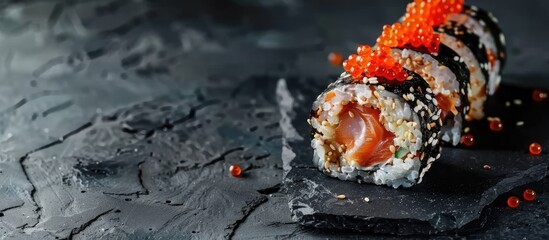 Fototapete - Warm breaded roll filled with black rice cream cheese mushrooms salmon pepper and tobiko caviar against a black stone backdrop. with copy space image. Place for adding text or design