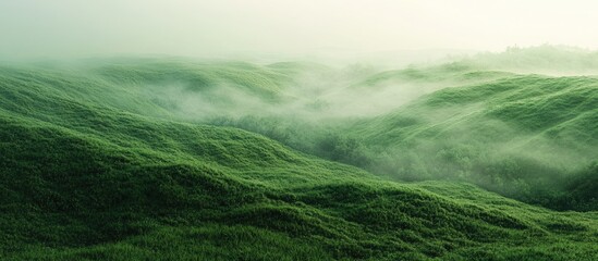 Fototapete - Green landscape in the early morning shrouded in fog. with copy space image. Place for adding text or design