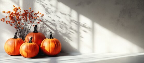Poster - Autumn arrangement featuring orange pumpkins in preparation for Halloween Attractive shadows cast by the plant in the background. with copy space image. Place for adding text or design