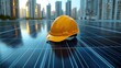 © Erisna Yolanda - Yellow hard hat on solar panel against city backdrop.