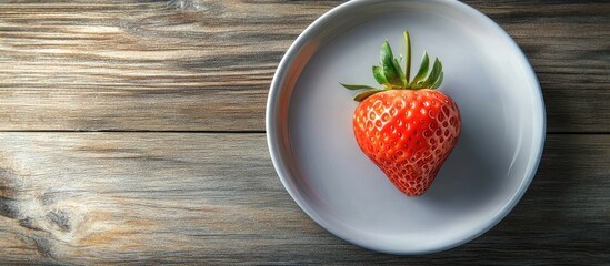 Fototapete - Strawberry on a plate resting on a wooden background with copy space