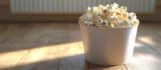 Aufkleber - White bucket filled with popcorn on a wooden surface. with copy space image. Place for adding text or design