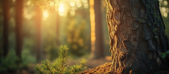 Fototapete - A lovely tree trunk in the woods The evening sun illuminates a fir forest highlighting a small pine tree in the background during summer. with copy space image. Place for adding text or design