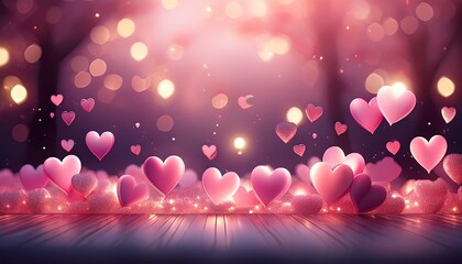 Canvas Print - romantic scene with floating pink 3d hearts with bokeh background