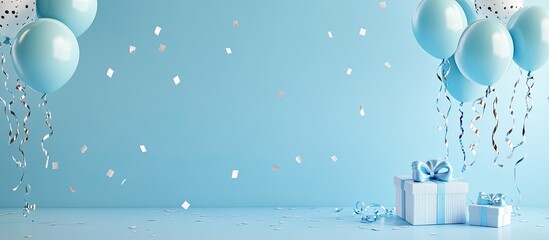 Aufkleber - Birthday party decoration background featuring balloons gift boxes streamers and confetti with trendy light blue table copy space above